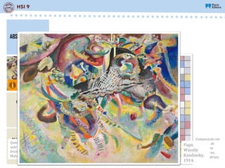 ABSTRACIONISMO
Artistas:
Piet Mondrian,
Wassily Kandinsky,
Kazimir Malevich,
etc.
Fuga à
realidade e ao
mundo visível.
Retrato abstrato
de ideias/estado
de espírito dos
artistas.
Não representa
objetos
concretos.
Expressão
abstrata do
mundo exterior.
Combinação
de linhas,
cores e
formas.
Quadrado negro
sobre fundo
branco, Kazimir
Malevich, 1915.
Composição em
tabuleiro de
damas com
cores claras,
Piet Mondrian,
1919.
Fuga,
Wassily
Kandinsky,
1914.
 