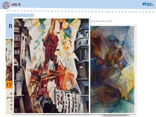 FUTURISMO
Artistas:
Giacomo Balla,
Umberto Boccioni,
Robert Delaunay e
Marcel Duchamp,
etc.
Alusões ao
presente
(cidades,
máquinas), à
velocidade e ao
movimento.
Referências ao
progresso, à guerra,
à violência, ao
militarismo, ao
patriotismo,…
Defesa de uma
nova arte para a
nova civilização:
a civilização da
máquina e do
futuro.
Dinamismo de um jogador de futebol, Umberto Boccioni, 1913.
Campo de Marte: a
torre vermelha, Robert
Delaunay, 1911.
 