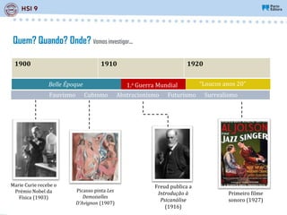 Marie Curie recebe o
Prémio Nobel da
Física (1903)
Quem? Quando? Onde? Vamosinvestigar...
1900 1910 1920
“Loucos anos 20”
Fauvismo Cubismo Abstracionismo Futurismo Surrealismo
1.a Guerra Mundial
Belle Époque
Picasso pinta Les
Demoiselles
D’Avignon (1907)
Freud publica a
Introdução à
Psicanálise
(1916)
Primeiro filme
sonoro (1927)
 
