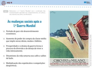 Relacionar a 1.a Guerra Mundial com a aceleração das
transformações operadas nos comportamentos, na cultura,
nas ciências, nas artes e na literatura.
AE 1
Poster
do
Grande
Prémio
de
Monza,
Itália,
1920.
As mudanças sociais após a
1.a Guerra Mundial
o Período de paz e de desenvolvimento
económico.
o Aumento do poder de compra da classe média
que impôs novas ideias, modas e hábitos.
o Prosperidade e o drama da guerra levou à
procura da diversão e do desejo de viver a
vida intensamente.
o Dinamismo da vida noturna nos cafés e salões
de baile.
o Multiplicação dos espetáculos e competições
desportivas.
 