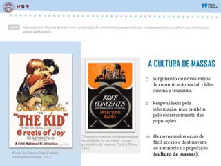 Relacionar a 1.a Guerra Mundial com a aceleração das transformações operadas nos comportamentos, na cultura, nas ciências, nas
artes e na literatura
AE 2
A CULTURA DE MASSAS
Cartaz do famoso filme O miúdo
com Charlie Chaplin, 1921.
“Concertos gratuitos em quase todas as
horas do dia, no seu rádio”, cartaz
publicitário da empresa Clark & Tilson,
1922.
o Surgimento de novos meios
de comunicação social: rádio,
cinema e televisão.
o Responsáveis pela
informação, mas também
pelo entretenimento das
populações.
o Os novos meios eram de
fácil acesso e destinavam-
se à maioria da população
(cultura de massas).
 