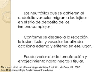 Los neutrófilos que se adhieren al
               endotelio vascular migran a los tejidos
               en el sitio de deposito de los
               inmunocomplejos.

                   Conforme se desarrolla la reacción,
               la lesión tisular y vascular localizada
               ocasiona edema y eritema en ese lugar.

                  Puede variar desde tumefacción y
               enrojecimiento hasta necrosis tisular.
Thomas J. Kindt. et. al Inmunologia de Kuby 6 edición. Mc Graw Hill. 2007
Ivan Roitt, inmunologia fundamentos 9na edicion
 