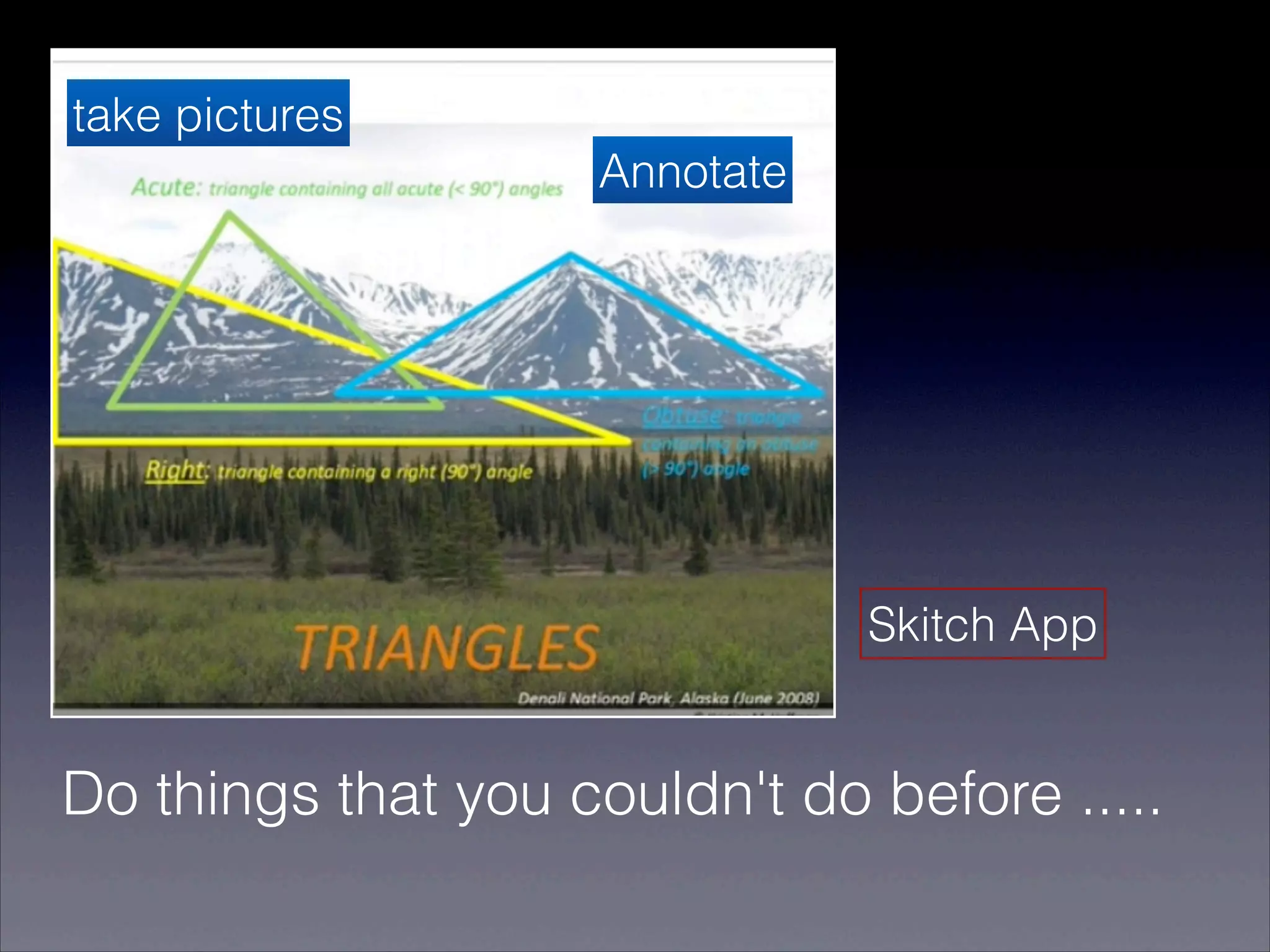 take pictures
                    Annotate




                               Skitch App


Do things that you couldn't do before .....
 