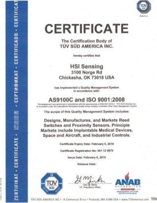 HSI Sensing Certification of TÜV SÜD AMERICA INC.