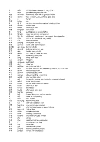 短 duǎn short (in length, duration, or height); lack
段 duàn paragraph; segment; section
锻炼 duànliàn to exercise; work out; toughen; to temper
多么 duōme how (wonderful, etc.); what (a great idea)
饿 è hungry
耳朵 ěrduo ear
发 fā, fà send out; to issue; to show (one's feelings) | hair
发烧 fāshāo have a fever
发现 fāxiàn discover; to find
方便 fāngbiàn convenient
放 fàng put; to place; to release; to free
放心 fàngxīn relax; feel relieved; rest assured
分 fēn, fèn divide; part; minute; cent | component; share; ingredient
附近 fùjìn (in the) vicinity; nearby; neighboring
复习 fùxí revise; to review
干净 gānjìng clean; neat and tidy
感冒 gǎnmào catch cold; (common) cold
感兴趣 gǎn xìngqù be interested in
刚才 gāngcái just now; a moment ago
个子 gèzi height; stature; build
根据 gēnjù according to; based on; basis
跟 gēn to follow; go with; heel
更 gèng more; even more
公斤 gōngjīn kilogram
公园 gōngyuán public park
故事 gùshi story; tale
刮风 guāfēng windy; to blow (wind)
关 guān to close; shut; concern; relationship; turn off; mountain pass
关系 guānxi relation; to concern
关心 guānxīn concerned about/with
关于 guānyú about; regarding; concerning
国家 guójiā country; state; nation
过 guò to pass; to cross; go over; (indicates a past experience)
过去 guòqù in the past; formerly
还是 háishi or; still; nevertheless; had better
害怕 hàipà afraid of; to fear
黑板 hēibǎn blackboard
后来 hòulái afterwards; after; later
护照 hùzhào passport
花 huā flower; blossom; spend money; cost
画 huà draw; picture; painting
坏 huài bad; broken
欢迎 huānyíng to welcome; greet
还 hái still; yet; in addition; even
环境 huánjìng environment; surroundings
换 huàn change; to exchange; to barter; to trade
黄河 huánghé Yellow River
回答 huídá to reply; to answer
会议 huìyì meeting; conference
或者 huòzhě or; possible; maybe; perhaps
几乎 jīhū almost
机会 jīhuì opportunity; chance; occasion
极 jí an extreme; pole; very
记得 jìde remember
季节 jìjié season; time; period
检查 jiǎnchá to check; examine; inspect
简单 jiǎndān simple; not complicated
 