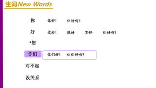 你好！
你
*您
对不起
好
你们
没关系
生词New Words
很好
你好！ 你好吗？
不好 你好吗？
你们好！ 你们好吗？
 