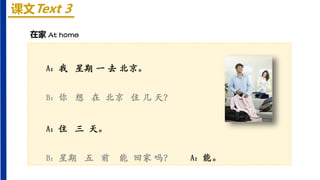 课文Text 3
A：我 星期 一 去 北京。
B：你 想 在 北京 住 几 天？
A：住 三 天。
B：星期 五 前 能 回家 吗？
在家 At home
A：能。
 