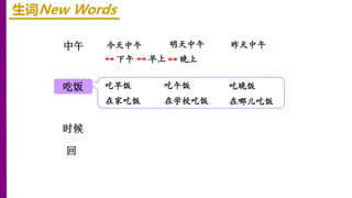 中午
时候
吃饭
回
生词New Words
下午 早上
今天中午 明天中午 昨天中午
晚上
吃早饭 吃晚饭
在家吃饭 在哪儿吃饭
吃午饭
在学校吃饭
 