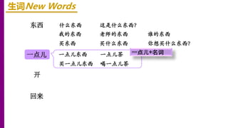 东西
开
一点儿
回来
生词New Words
什么东西 这是什么东西？
我的东西 老师的东西 谁的东西
买东西 买什么东西 你想买什么东西？
一点儿东西 一点儿茶
买一点儿东西 喝一点儿茶
一点儿+名词
 