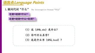 1.疑问代词“什么” The Interrogative Pronoun“什么”
主语+动词+什么？
主语+动词+什么+名词？
（1）这（zhè, this）是什么？
（2）你叫什么名字？
（3）这是什么书（shū, book）？
语言点Language Points
 
