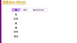她
他
汉语
生词New Words
她们 她们是中国人
国
哪
同学
朋友
 