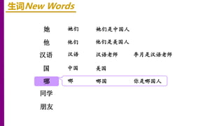 她
他
汉语
生词New Words
她们 她们是中国人
国
哪
同学
朋友
他们 他们是美国人
中国 美国
李月是汉语老师
汉语 汉语老师
你是哪国人
哪 哪国
 