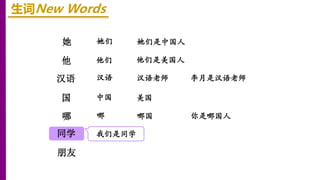 她
他
汉语
生词New Words
她们 她们是中国人
国
哪
同学
朋友
他们 他们是美国人
中国 美国
李月是汉语老师
汉语 汉语老师
你是哪国人
哪 哪国
我们是同学
 