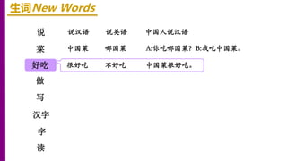 说
菜
好吃
生词New Words
说汉语 说英语
做
写
汉字
中国人说汉语
字
读
中国菜 哪国菜
很好吃 不好吃 中国菜很好吃。
A:你吃哪国菜？B:我吃中国菜。
 