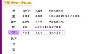 说
菜
好吃
生词New Words
说汉语 说英语
做
写
汉字
中国人说汉语
字
读
中国菜 哪国菜
很好吃 不好吃 中国菜很好吃。
做菜
写汉字 写名字 写汉字名字
A:你吃哪国菜？B:我吃中国菜。
A:做什么菜？B:做中国菜
 