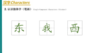 汉字Characters
2. 认识独体字（笔画） Single-Component Characters（Strokes）
 