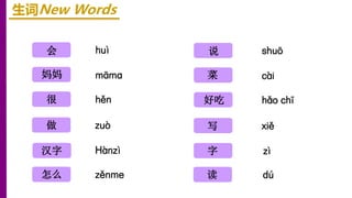 huì
māmɑ
hěn
会
妈妈
很
生词New Words
shuō
cài
hǎo chī
说
菜
好吃
zuò
做 xiě
写
汉字 zì
字
zěnme
怎么 dú
读
Hànzì
 