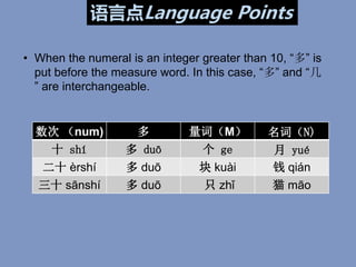 语言点Language Points
• When the numeral is an integer greater than 10, “多” is
put before the measure word. In this case, “多”...