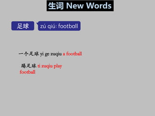 足球 zú qiú: football
一个足球 yi ge zuqiu a football
踢足球 ti zuqiu play
football
生词 New Words
 