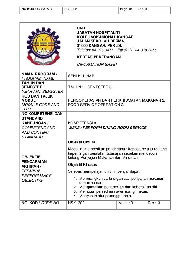 Hsk 302 Kompetensi 3 Perform Dining Room Service