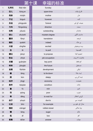 第十课 幸福的标准
1 礼拜天 lǐbài tiān Sunday ‫ﺍﺗﻮﺍﺭ۔‬
2 空儿 kòng er spare time ‫ﻭﻗﺖ‬ ‫ﻓﺎﺭﻍ‬
3 母亲 mǔqīn mother ‫ﻣﺎﮞ‬
4 不过 bùguò however ‫ﺍﻟﺒﺘﮧ‬
5 永远 yǒngyuǎn forever ‫ﻟﺌﮯ‬ ‫ﮐﮯ‬ ‫ﮨﻤﯿﺸﮧ‬
6 方向 fāngxiàng direction ‫ﺳﻤﺖ‬
7 优秀 yōuxiù outstanding ‫ﺷﺎﻧﺪﺍﺭ‬
8 硕士 shuòshì masters degree ‫ﮈﮔﺮﯼ‬ ‫ﻣﺎﺳﮣﺮ‬
9 翻译 fānyì translation ‫ﺗﺮﺟﻤﮧ‬
10 确实 quèshí indeed ‫ﺷﮏ‬ ‫ﺑﮯ‬
11 兴奋 xīngfèn excited ‫ﭘﺮﺟﻮﺵ‬ ‫ﺑﮩﺖ‬
12 拉 lā to pull ‫ﮐﮭﯿﻨﭽﻨﺎ‬
13 建议 jiànyì to propose ‫ﮐﺮﻧﺎ‬ ‫ﺗﺠﻮﯾﺰ‬
14 职业 zhíyè job occupation ‫ﭘﯿﺸﮧ‬ ‫ﮐﺎ‬ ‫ﻣﻼﺯﻣﺖ‬
15 关键 guānjiàn key point ‫ﻧﻘﻄﮧ‬ ‫ﺍﮨﻢ‬
16 将来 jiānglái the future ‫ﻣﺴﺘﻘﺒﻞ‬
17 发展 fāzhǎn development ‫ﺗﺮﻗﯽ‬
18 躺 tǎng to lie down ‫ﺟﺎﻧﺎ‬ ‫ﻟﯿﭧ‬
19 困 kùn sleepy ‫ﮨﮯ۔‬ ‫ﺁﺗﯽ‬ ‫ﻧﯿﻨﺪ‬
20 经济 jīngjì economy ‫ﻣﻌﯿﺸﺖ‬
21 条件 tiáojiàn condition ‫ﺣﺎﻟﺖ‬
22 富 fù rich ‫ﺍﻣﯿﺮ‬
23 穷 qióng poor ‫ﻏﺮﯾﺐ‬
24 等 děng to wait for ‫ﺍﻧﺘﻈﺎﺭ‬ ‫ﮐﮯﻟﯿﮯ‬
25 由于 yóuyú due to ‫ﺳﮯ‬ ‫ﮐﯿﻮﺟﮧ‬
26 比如 bǐrú for example ‫ﭘﺮ‬ ‫ﻃﻮﺭ‬ ‫ﮐﮯ‬ ‫ﻣﺜﺎﻝ‬
27 橡皮 xiàngpí rubber eraser ‫ﺻﺎﻓﯽ‬ ‫ﺭﺑﮍ‬
28 糖 táng sugar ‫ﺷﮑﺮ‬
29 低 dī low ‫ﮐﻢ‬
30 答案 dá'àn answer ‫ﺟﻮﺍﺏ‬
 