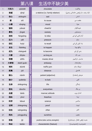 第八课 生活中不缺少美
1 巧克力 qiǎokèlì chocolate ‫ﭼﺎﮐﻠﯿﭧ‬
2 亲戚 qīnqī a relative (i.e. family relation) (‫ﺭﺷﺘﮯ‬ ‫ﺧﺎﻧﺪﺍﻧﯽ‬ ‫)ﯾﻌﻨﯽ‬ ‫ﺩﺍﺭ‬ ‫ﺭﺷﺘﮧ‬ ‫ﺍﯾﮏ‬
3 伤心 shāngxīn sad ‫ﺍﺩﺍﺱ‬
4 使 shǐ to cause ‫ﺳﮯ‬ ‫ﻣﻘﺼﺪ‬
5 心情 xīnqíng mood ‫ﻣﻮﮈ‬
6 愉快 yúkuài cheerful ‫ﺧﻮﺷﮕﻮﺍﺭ‬
7 景色 jǐngsè scenery ‫ﺩﺭﺷﯿﺎﻭﻟﯽ‬
8 放松 fàngsōng to relax ‫ﻟﺌﮯ‬ ‫ﮐﮯ‬ ‫ﮐﺮﻧﮯ‬ ‫ﺁﺭﺍﻡ‬
9 压力 yālì pressure ‫ﺩﺑﺎﺅ‬
10 回忆 huíyì to recall ‫ﻟﺌﮯ‬ ‫ﮐﮯ‬ ‫ﮐﺮﻧﮯ‬ ‫ﯾﺎﺩ‬
11 发生 fāshēng to happen ‫ﮨﻮﻧﺎ‬ ‫ﻭﺍﻗﻊ‬
12 成为 chéngwéi to become ‫ﻟﺌﮯ‬ ‫ﮐﮯ‬ ‫ﺑﻨﻨﮯ‬
13 只要 zhǐyào as long as ‫ﺗﮏ‬ ‫ﺟﺐ‬
14 师傅 shīfù master, driver ‫ﮈﺭﺍﺋﯿﻮﺭ‬ ، ‫ﻣﺎﺳﮣﺮ‬
15 大使馆 dàshǐ guǎn embassy ‫ﺳﻔﺎﺭﺗﺨﺎﻧﮧ‬
16 堵车 dǔchē trafﬁc jam ‫ﺟﺎﻡ‬ ‫ﮢﺮﯾﻔﮏ‬
17 距离 jùlí distance ‫ﻓﺎﺻﻠﮯ‬
18 耐心 nàixīn patient (adjective) (‫)ﺻﻔﺖ‬ ‫ﻣﺮﯾﺾ‬
19 缺少 quēshǎo to lack ‫ﮐﻤﯽ‬
20 生命 shēngmìng life ‫ﺯﻧﺪﮔﯽ‬
21 到处 dàochù everywhere ‫ﺟﮕﮧ‬ ‫ﮨﺮ‬
22 态度 tàidù manner; attitude ‫ﺭﻭﯾﮧ‬ ‫ﺍﻧﺪﺍﺯ؛‬
23 因此 yīncǐ therefore ‫ﻟﮩﺬﺍ‬
24 科学 kēxué science ‫ﺳﺎﺋﻨﺲ‬
25 证明 zhèngmíng proof ‫ﺛﺒﻮﺕ‬
26 往往 wǎngwǎng often ‫ﺍﮐﺜﺮ‬
27 阳光 yángguāng sunshine ‫ﺩﮬﻮﭖ‬
28 积极 jījí positive (also: active, energetic) (‫ﺅﺭﺟﺎﻭﺍﻥ‬ ، ‫ﻓﻌﺎﻝ‬ :‫)ﺑﮭﯽ‬ ‫ﻣﺜﺒﺖ‬
29 特点 tèdiǎn characteristic (feature) (‫)ﺧﺼﻮﺻﯿﺖ‬ ‫ﺧﺼﻮﺻﯿﺖ‬
 