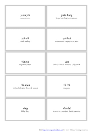 Visit http://www.purpleculture.net for more Chinese learning resources
yuán yīn
cause; reason
yuán liàng
to excuse; forgive; to pardon
yuè dú
read; reading
yuē huì
appointment; engagement; date
yǔn xǔ
to permit; allow
yún
cloud; Yunnan province | say; speak
zán men
we (including the listener); us; our
zá zhì
magazine
zāng
filthy; dirty
zàn shí
temporary; transient; for the moment
 