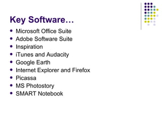 Key Software… Microsoft Office Suite Adobe Software Suite Inspiration iTunes and Audacity Google Earth Internet Explorer and Firefox Picassa MS Photostory SMART Notebook 