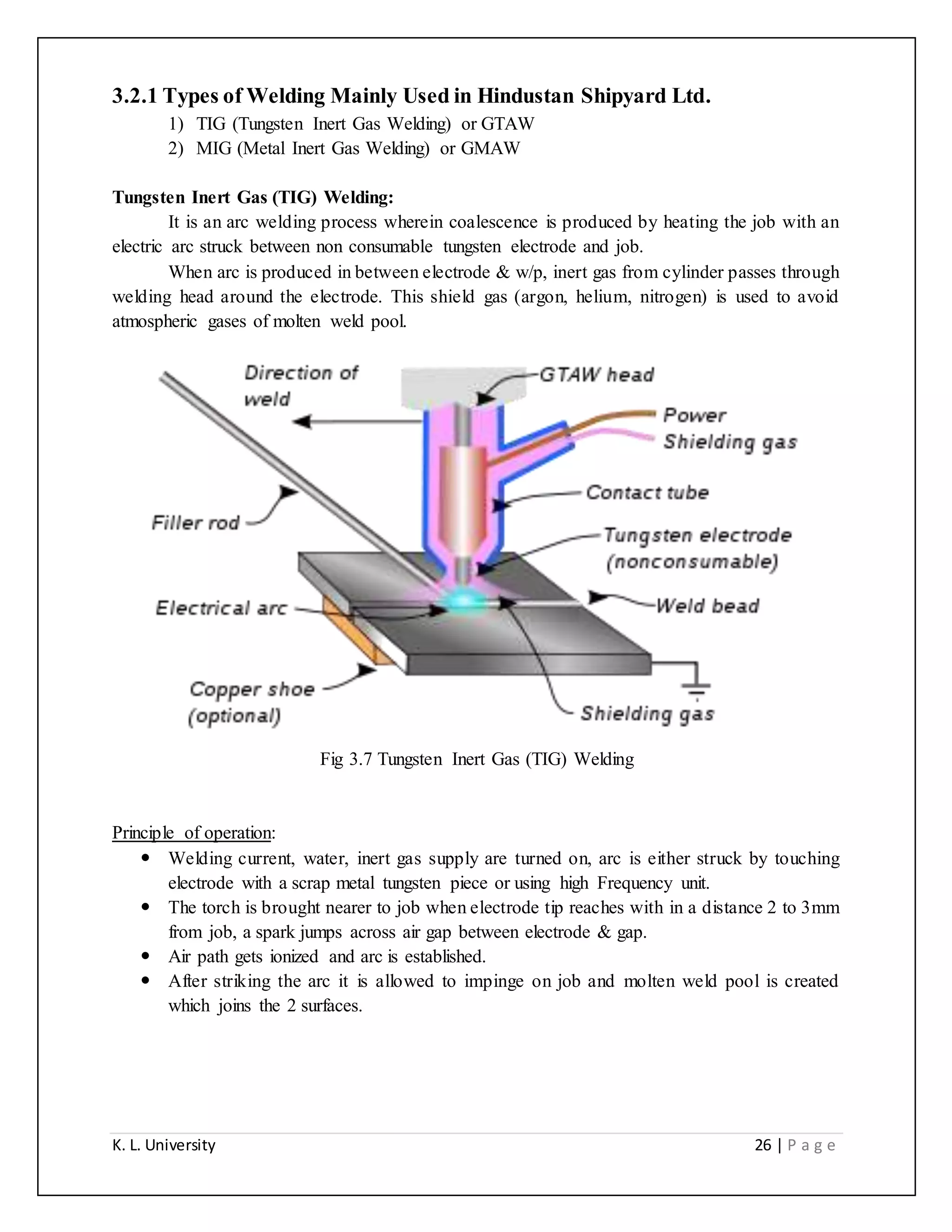 K. L. University 26 | P a g e
3.2.1 Types of Welding Mainly Used in Hindustan Shipyard Ltd.
1) TIG (Tungsten Inert Gas Welding) or GTAW
2) MIG (Metal Inert Gas Welding) or GMAW
Tungsten Inert Gas (TIG) Welding:
It is an arc welding process wherein coalescence is produced by heating the job with an
electric arc struck between non consumable tungsten electrode and job.
When arc is produced in between electrode & w/p, inert gas from cylinder passes through
welding head around the electrode. This shield gas (argon, helium, nitrogen) is used to avoid
atmospheric gases of molten weld pool.
Fig 3.7 Tungsten Inert Gas (TIG) Welding
Principle of operation:
 Welding current, water, inert gas supply are turned on, arc is either struck by touching
electrode with a scrap metal tungsten piece or using high Frequency unit.
 The torch is brought nearer to job when electrode tip reaches with in a distance 2 to 3mm
from job, a spark jumps across air gap between electrode & gap.
 Air path gets ionized and arc is established.
 After striking the arc it is allowed to impinge on job and molten weld pool is created
which joins the 2 surfaces.
 