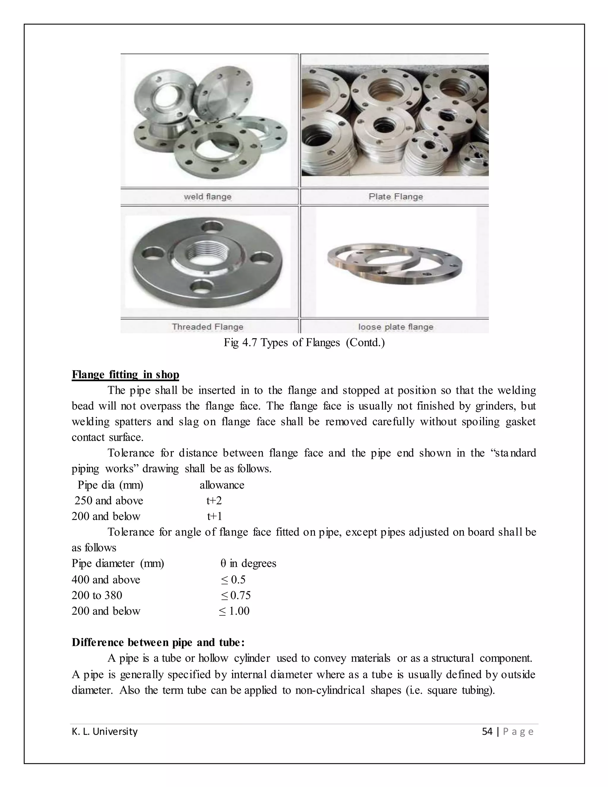 K. L. University 54 | P a g e
Fig 4.7 Types of Flanges (Contd.)
Flange fitting in shop
The pipe shall be inserted in to the flange and stopped at position so that the welding
bead will not overpass the flange face. The flange face is usually not finished by grinders, but
welding spatters and slag on flange face shall be removed carefully without spoiling gasket
contact surface.
Tolerance for distance between flange face and the pipe end shown in the “standard
piping works” drawing shall be as follows.
Pipe dia (mm) allowance
250 and above t+2
200 and below t+1
Tolerance for angle of flange face fitted on pipe, except pipes adjusted on board shall be
as follows
Pipe diameter (mm) θ in degrees
400 and above ≤ 0.5
200 to 380 ≤ 0.75
200 and below ≤ 1.00
Difference between pipe and tube:
A pipe is a tube or hollow cylinder used to convey materials or as a structural component.
A pipe is generally specified by internal diameter where as a tube is usually defined by outside
diameter. Also the term tube can be applied to non-cylindrical shapes (i.e. square tubing).
 
