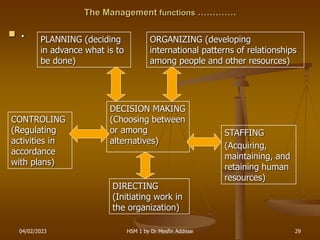 04/02/2023 HSM 1 by Dr Mesfin Addisse 29
The Management functions ………….
 . PLANNING (deciding
in advance what is to
be do...