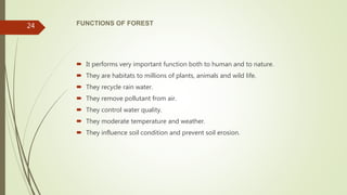 FUNCTIONS OF FOREST
 It performs very important function both to human and to nature.
 They are habitats to millions of plants, animals and wild life.
 They recycle rain water.
 They remove pollutant from air.
 They control water quality.
 They moderate temperature and weather.
 They influence soil condition and prevent soil erosion.
24
 