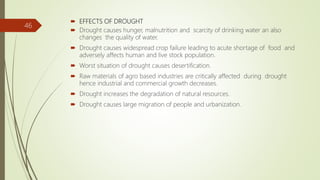  EFFECTS OF DROUGHT
 Drought causes hunger, malnutrition and scarcity of drinking water an also
changes the quality of water.
 Drought causes widespread crop failure leading to acute shortage of food and
adversely affects human and live stock population.
 Worst situation of drought causes desertification.
 Raw materials of agro based industries are critically affected during drought
hence industrial and commercial growth decreases.
 Drought increases the degradation of natural resources.
 Drought causes large migration of people and urbanization.
46
 