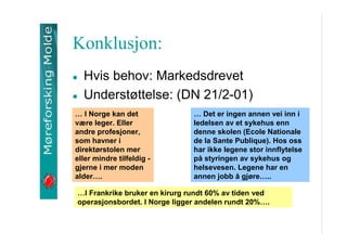 Konklusjon:
Hvis behov: Markedsdrevet
Underst?ttelse: (DN 21/2-01)
 I Norge kan det
v?re leger. Eller
andre profesjoner,
som havner i
direkt?rstolen mer
eller mindre tilfeldig gjerne i mer moden
alder.

 Det er ingen annen vei inn i
ledelsen av et sykehus enn
denne skolen (Ecole Nationale
de la Sante Publique). Hos oss
har ikke legene stor innflytelse
p? styringen av sykehus og
helsevesen. Legene har en
annen jobb ? gj?re..

I Frankrike bruker en kirurg rundt 60% av tiden ved
operasjonsbordet. I Norge ligger andelen rundt 20%.

 