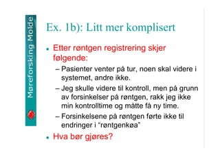 Ex. 1b): Litt mer komplisert
Etter r?ntgen registrering skjer
f?lgende:
C Pasienter venter p? tur, noen skal videre i
systemet, andre ikke.
C Jeg skulle videre til kontroll, men p? grunn
av forsinkelser p? r?ntgen, rakk jeg ikke
min kontrolltime og m?tte f? ny time.
C Forsinkelsene p? r?ntgen f?rte ikke til
endringer i r?ntgenk?a

Hva b?r gj?res?

 