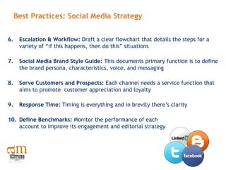 Best Practices: Social Media Strategy


6.    Escalation & Workflow: Draft a clear flowchart that details the steps for a
      variety of “if this happens, then do this” situations

7.    Social Media Brand Style Guide: This documents primary function is to define
      the brand persona, characteristics, voice, and messaging

8.    Serve Customers and Prospects: Each channel needs a service function that
      aims to promote customer appreciation and loyalty

9.    Response Time: Timing is everything and in brevity there’s clarity

10. Define Benchmarks: Monitor the performance of each
    account to improve its engagement and editorial strategy
 