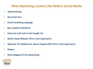 What Marketing Looked Like Before Social Media
•   Telemarketing

•   Buy Email lists

•   Email marketing campaign

•   Buy a postal mailing list

•   Send out snail mail to the bought list

•   Build a Good Website (This is still important!)

•   Optimize The Website for Search Engines/SEO (This is still important!)

•   Posters

•   Niche Magazine Print Advertising
 