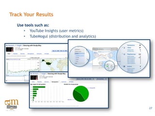Track Your Results
   Use tools such as:
      • YouTube Insights (user metrics)
      • TubeMogul (distribution and analytics)




                                                 27
 
