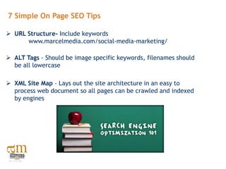 7 Simple On Page SEO Tips

 URL Structure- Include keywords
      www.marcelmedia.com/social-media-marketing/

 ALT Tags - Should be image specific keywords, filenames should
  be all lowercase

 XML Site Map - Lays out the site architecture in an easy to
  process web document so all pages can be crawled and indexed
  by engines
 
