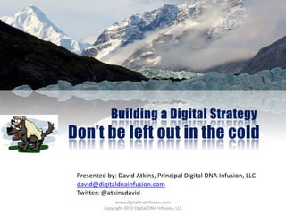 Building a Digital Strategy
Don’t be left out in the cold
Presented by: David Atkins, Principal Digital DNA Infusion, LLC
david@digitaldnainfusion.com
Twitter: @atkinsdavid
www.digitaldnainfusion.com
Copyright 2010 Digital DNA Infusion, LLC
 