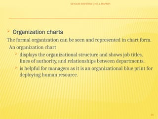 SEYOUM SHIFERAW ( HO & MAPMP)
35
 Organization charts
The formal organization can be seen and represented in chart form.
An organization chart
 displays the organizational structure and shows job titles,
lines of authority, and relationships between departments.
 is helpful for managers as it is an organizational blue print for
deploying human resource.
 