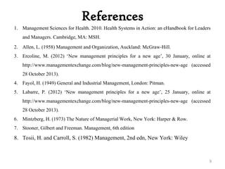 References
1. Management Sciences for Health. 2010. Health Systems in Action: an eHandbook for Leaders
and Managers. Cambridge, MA: MSH.
2. Allen, L. (1958) Management and Organization, Auckland: McGraw-Hill.
3. Ercoline, M. (2012) ‘New management principles for a new age’, 30 January, online at
http://www.managementexchange.com/blog/new-management-principles-new-age (accessed
28 October 2013).
4. Fayol, H. (1949) General and Industrial Management, London: Pitman.
5. Labarre, P. (2012) ‘New management principles for a new age’, 25 January, online at
http://www.managementexchange.com/blog/new-management-principles-new-age (accessed
28 October 2013).
6. Mintzberg, H. (1973) The Nature of Managerial Work, New York: Harper & Row.
7. Stooner, Gilbert and Freeman. Management, 6th edition
8. Tosii, H. and Carroll, S. (1982) Management, 2nd edn, New York: Wiley
9
 