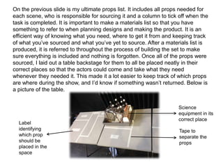 On the previous slide is my ultimate props list. It includes all props needed for
each scene, who is responsible for sourcing it and a column to tick off when the
task is completed. It is important to make a materials list so that you have
something to refer to when planning designs and making the product. It is an
efficient way of knowing what you need, where to get it from and keeping track
of what you’ve sourced and what you’ve yet to source. After a materials list is
produced, it is referred to throughout the process of building the set to make
sure everything is included and nothing is forgotten. Once all of the props were
sourced, I laid out a table backstage for them to all be placed neatly in their
correct places so that the actors could come and take what they need
whenever they needed it. This made it a lot easier to keep track of which props
are where during the show, and I’d know if something wasn’t returned. Below is
a picture of the table.
Label
identifying
which prop
should be
placed in the
space
Tape to
separate the
props
Science
equipment in its
correct place
 