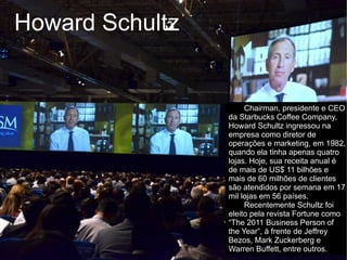 Howard Schultz


                      Chairman, presidente e CEO
                 da Starbucks Coffee Company,
                 Howard Schultz ingressou na
                 empresa como diretor de
                 operações e marketing, em 1982,
                 quando ela tinha apenas quatro
                 lojas. Hoje, sua receita anual é
                 de mais de US$ 11 bilhões e
                 mais de 60 milhões de clientes
                 são atendidos por semana em 17
                 mil lojas em 56 países.
                      Recentemente Schultz foi
                 eleito pela revista Fortune como
                 “The 2011 Business Person of
                 the Year”, à frente de Jeffrey
                 Bezos, Mark Zuckerberg e
                 Warren Buffett, entre outros.
 