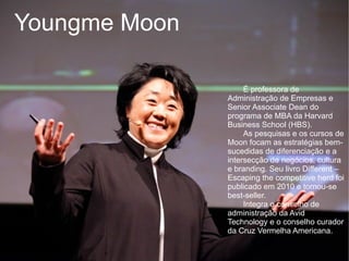 Youngme Moon

                    É professora de
               Administração de Empresas e
               Senior Associate Dean do
               programa de MBA da Harvard
               Business School (HBS).
                    As pesquisas e os cursos de
               Moon focam as estratégias bem-
               sucedidas de diferenciação e a
               intersecção de negócios, cultura
               e branding. Seu livro Different –
               Escaping the competitive herd foi
               publicado em 2010 e tornou-se
               best-seller.
                    Integra o conselho de
               administração da Avid
               Technology e o conselho curador
               da Cruz Vermelha Americana.
 