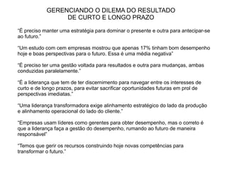 GERENCIANDO O DILEMA DO RESULTADO
                 DE CURTO E LONGO PRAZO

“É preciso manter uma estratégia para dominar o presente e outra para antecipar-se
ao futuro.”

“Um estudo com cem empresas mostrou que apenas 17% tinham bom desempenho
hoje e boas perspectivas para o futuro. Essa é uma média negativa”

“É preciso ter uma gestão voltada para resultados e outra para mudanças, ambas
conduzidas paralelamente.”

“É a liderança que tem de ter discernimento para navegar entre os interesses de
curto e de longo prazos, para evitar sacrificar oportunidades futuras em prol de
perspectivas imediatas.”

“Uma liderança transformadora exige alinhamento estratégico do lado da produção
e alinhamento operacional do lado do cliente.”

“Empresas usam líderes como gerentes para obter desempenho, mas o correto é
que a liderança faça a gestão do desempenho, rumando ao futuro de maneira
responsável”

“Temos que gerir os recursos construindo hoje novas competências para
transformar o futuro.”
 