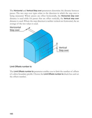 160
The Horizontal and Vertical Step over parameters determine the distance between
passes. The two step over types relate to the direction in which the step over is
being measured. Where passes are offset horizontally, the Horizontal step over
distance is used while for passes that are offset vertically, the Vertical step over
distance is used. Where the step direction is neither vertical nor horizontal, the an
average of the two values is used.
Limit Offsets number to
The Limit Offsets number to parameter enables you to limit the number of offsets
of a drive boundary profile. Choose the Limit Offsets number to check box and set
the offsets number.
Horizontal
Step over
Vertical
Step over
 