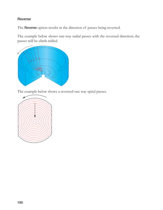 180
Reverse
The Reverse option results in the direction of passes being reversed.
The example below shows one-way radial passes with the reversed direction; the
passes will be climb milled.
The example below shows a reversed one way spiral passes.
 