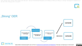 1
Kerres, Michael; Heinen, Richard; Getto, Barbara 2016: Alles open – alles gut? Informationelle Ökosysteme und ihr Beitrag zur Öffnung von Bildung. In: Synergie. Fachmagazin für Digitalisierung in
der Lehre. Heft 2. Hamburg. 28-31. cc by sa 4.0
Lernende
Lehrende
„Strong“ OER
Bettina Waffner für MainstreamingOER unter CC-BY-SA 4.0 creativecommons.org/licenses/by-sa/4.0/legalcode.de, Änderungen und Ergänzungen von David Eckhoff
 