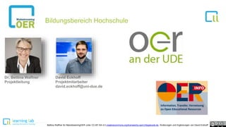 1
1
1
2
1
3
1
4
Dr. Bettina Waffner
Projektleitung
David Eckhoff
Projektmitarbeiter
david.eckhoff@uni-due.de
Bildungsbereich Hochschule
Bettina Waffner für MainstreamingOER unter CC-BY-SA 4.0 creativecommons.org/licenses/by-sa/4.0/legalcode.de, Änderungen und Ergänzungen von David Eckhoff
 